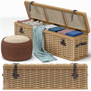 Brenna Leather Accent Woven Rattan Trunk, pouf